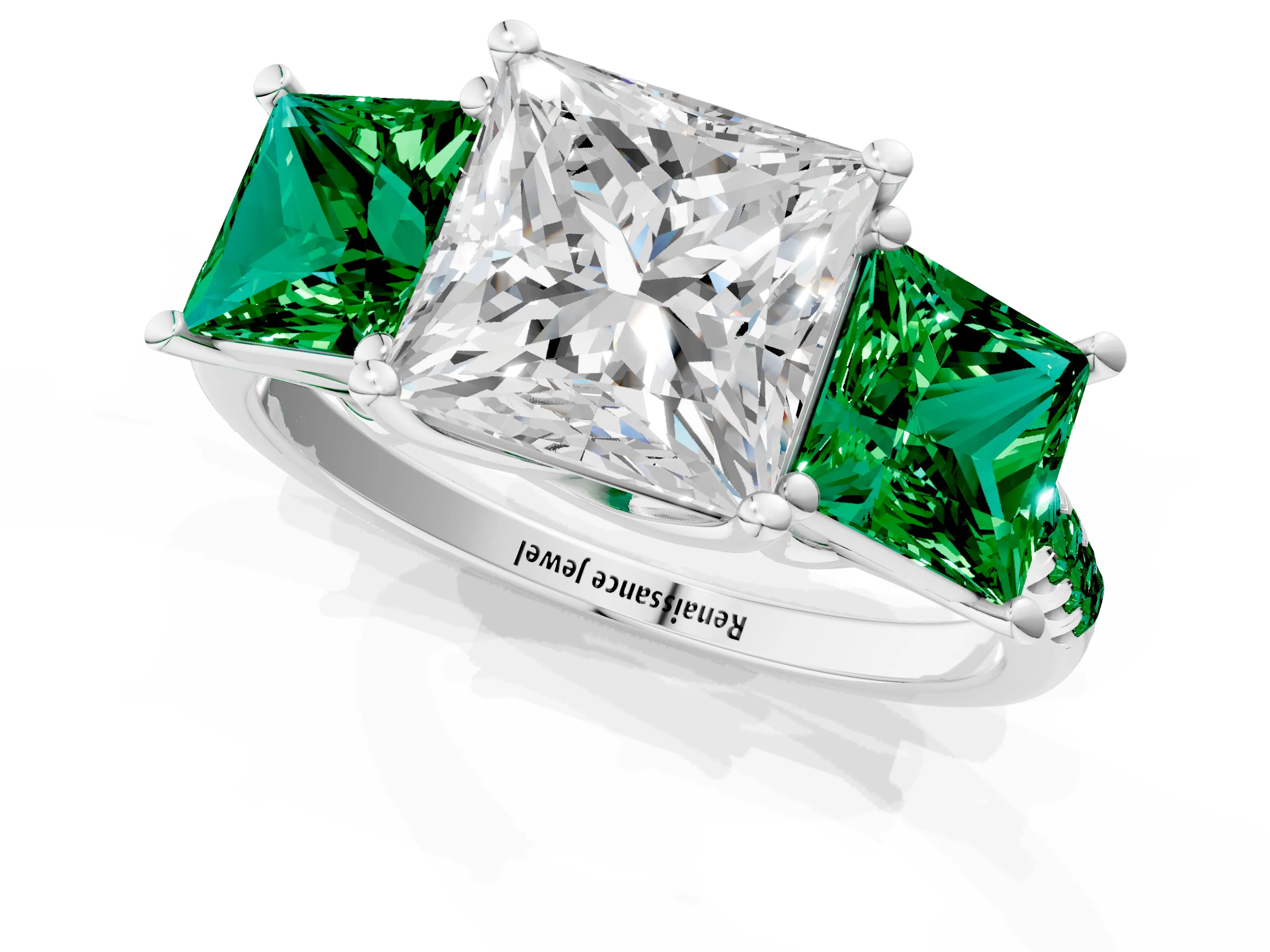 White gold Three-Stone Princess Cut Diamond Ring with Round with Emerald side stone Pavé Band and Prong Setting_1