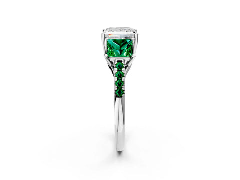 White gold Three-Stone Princess Cut Diamond Ring with Round with Emerald side stone Pavé Band and Prong Setting_2