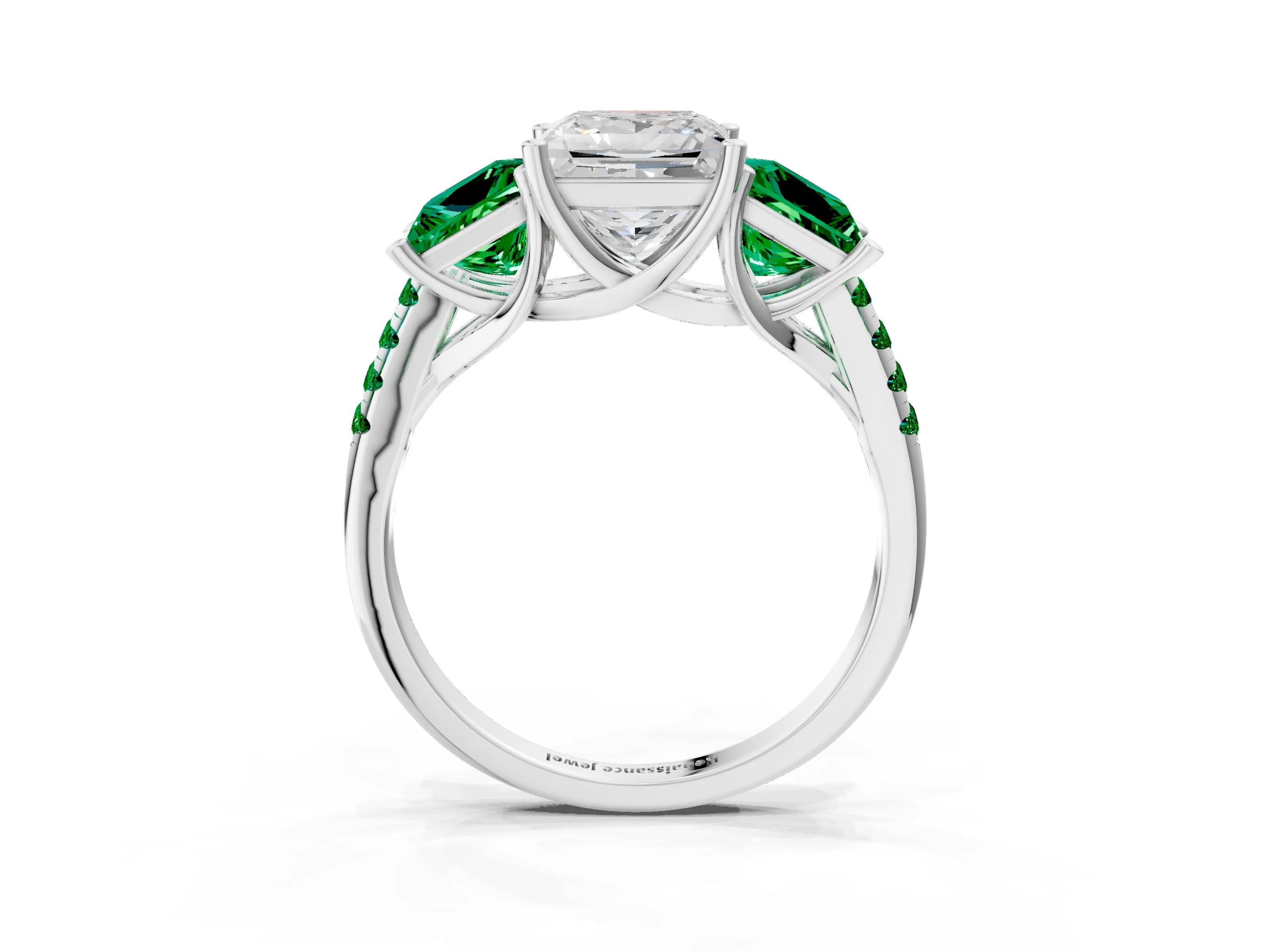 White gold Three-Stone Princess Cut Diamond Ring with Round with Emerald side stone Pavé Band and Prong Setting_3
