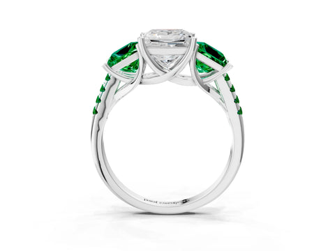 White gold Three-Stone Princess Cut Diamond Ring with Round with Emerald side stone Pavé Band and Prong Setting_3