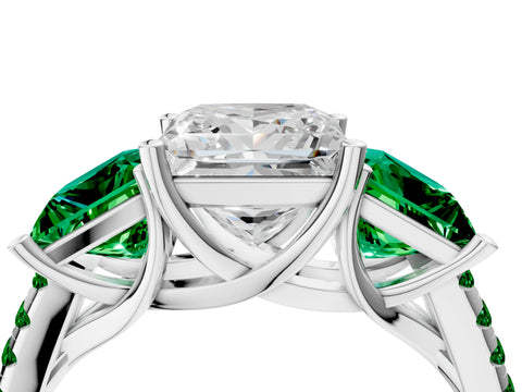 White gold Three-Stone Princess Cut Diamond Ring with Round with Emerald side stone Pavé Band and Prong Setting_4