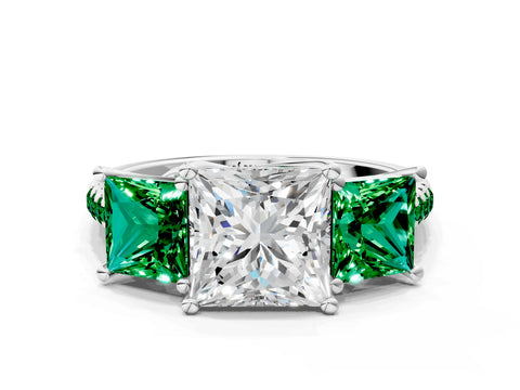 White gold Three-Stone Princess Cut Diamond Ring with Round with Emerald side stone Pavé Band and Prong Setting