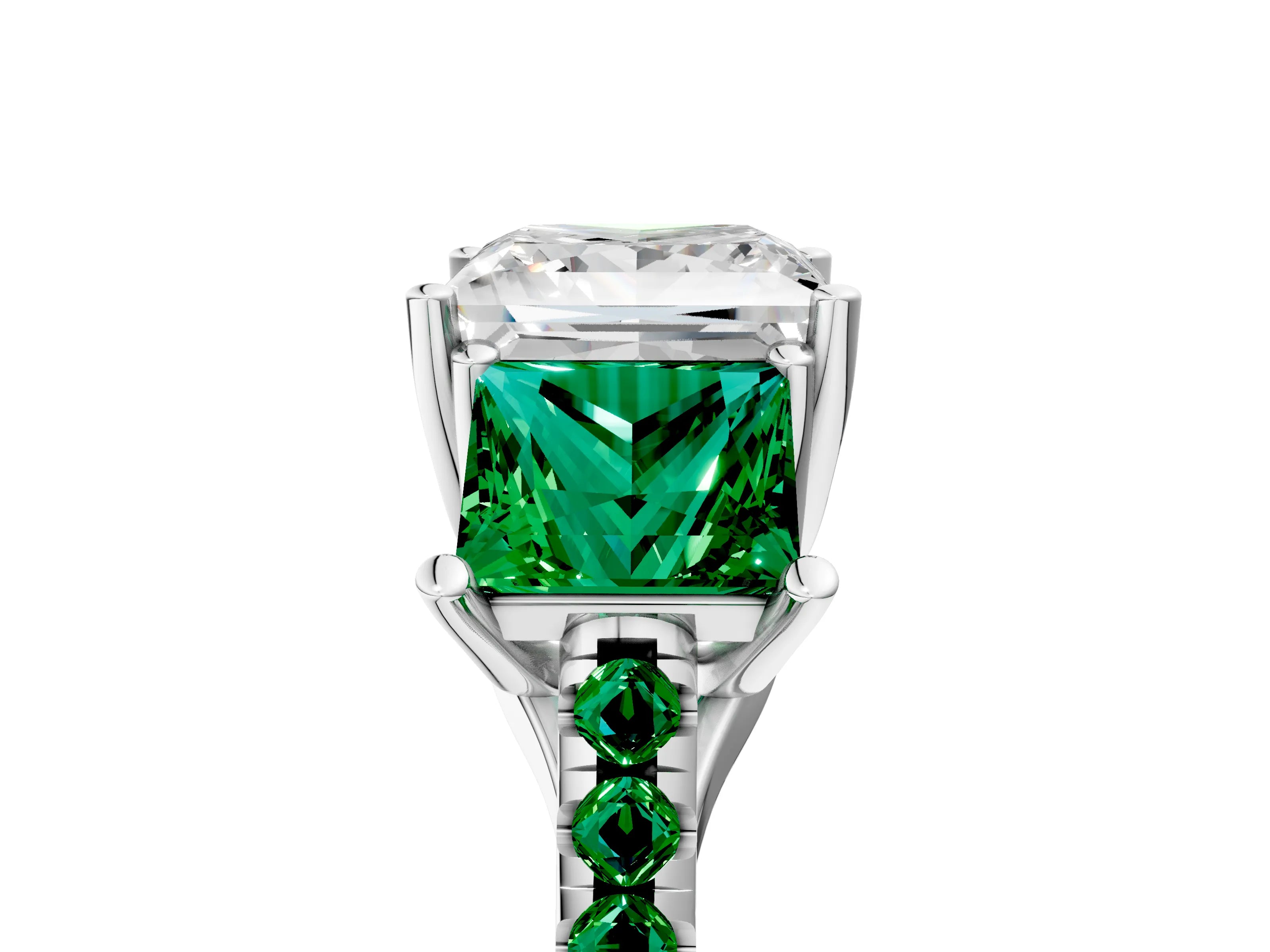 White gold Three-Stone Princess Cut Diamond Ring with Round with Emerald side stone Pavé Band and Prong Setting_5