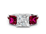 White gold Three-Stone Princess Cut Diamond Ring with Round with Garnet side stone Pavé Band and Prong Setting_12