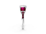 White gold Three-Stone Princess Cut Diamond Ring with Round with Garnet side stone Pavé Band and Prong Setting_14