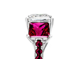 White gold Three-Stone Princess Cut Diamond Ring with Round with Garnet side stone Pavé Band and Prong Setting_17