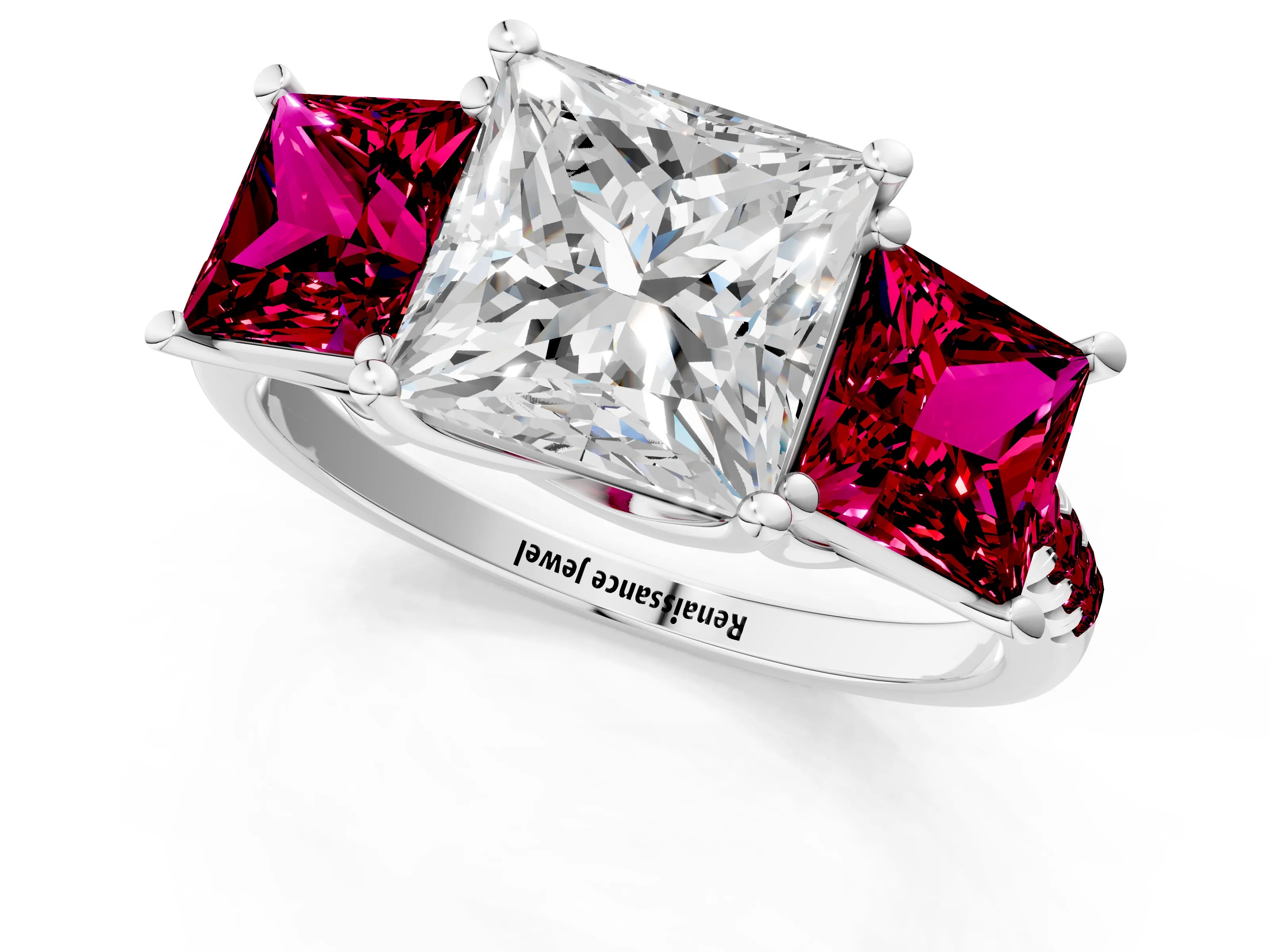 White gold Three-Stone Princess Cut Diamond Ring with Round with Garnet side stone Pavé Band and Prong Setting_1