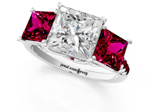 White gold Three-Stone Princess Cut Diamond Ring with Round with Garnet side stone Pavé Band and Prong Setting_1