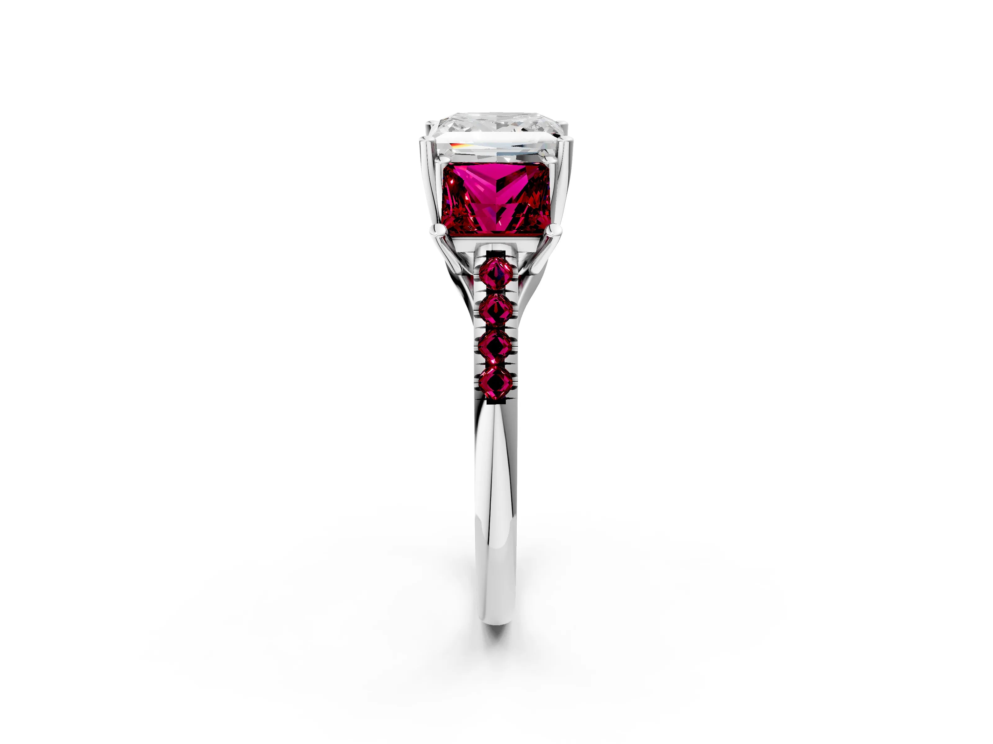 White gold Three-Stone Princess Cut Diamond Ring with Round with Garnet side stone Pavé Band and Prong Setting_2