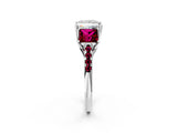 White gold Three-Stone Princess Cut Diamond Ring with Round with Garnet side stone Pavé Band and Prong Setting_2