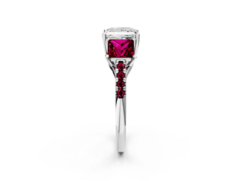 White gold Three-Stone Princess Cut Diamond Ring with Round with Garnet side stone Pavé Band and Prong Setting_2