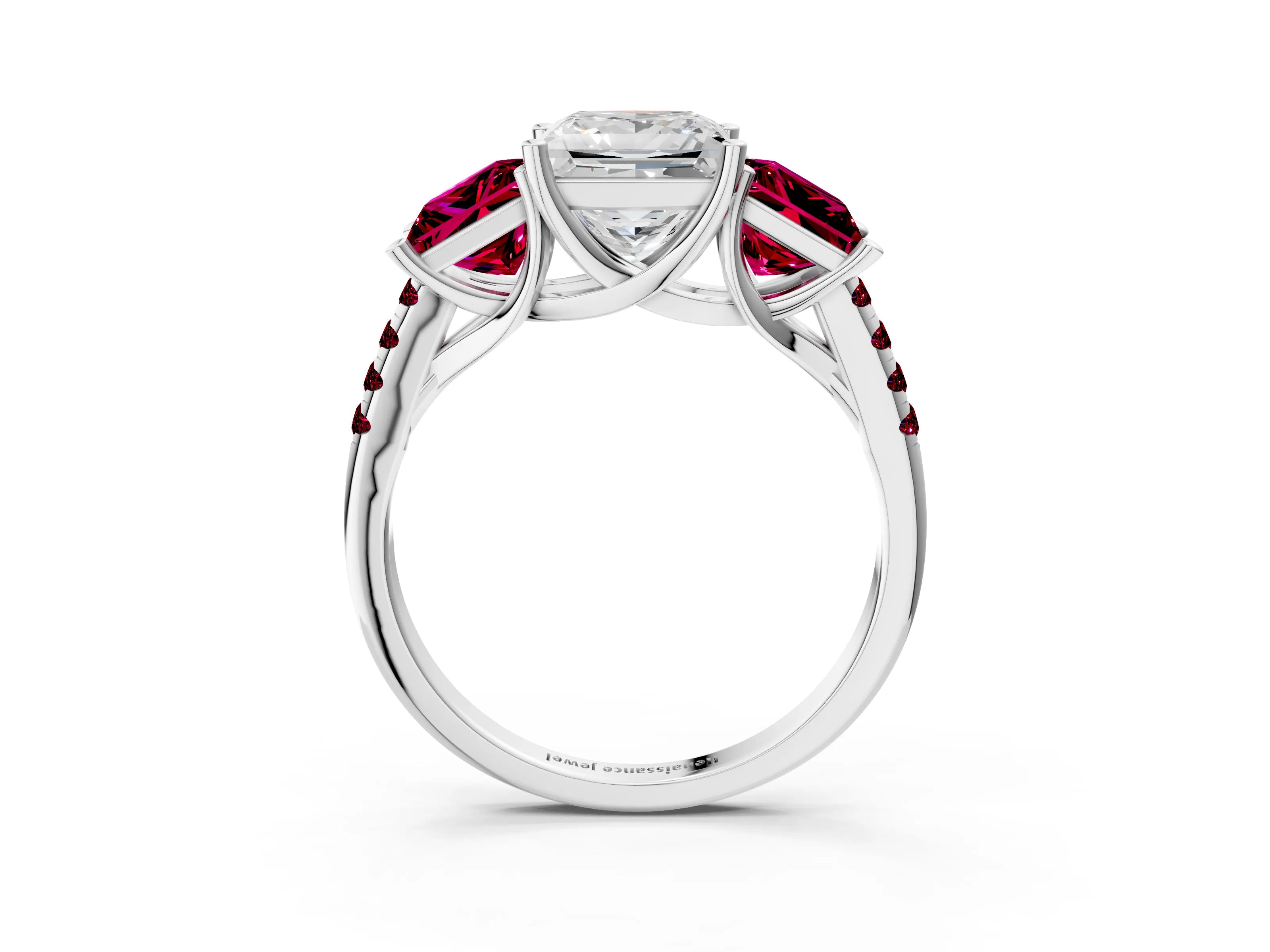 White gold Three-Stone Princess Cut Diamond Ring with Round with Garnet side stone Pavé Band and Prong Setting_3