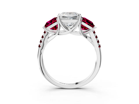 White gold Three-Stone Princess Cut Diamond Ring with Round with Garnet side stone Pavé Band and Prong Setting_3