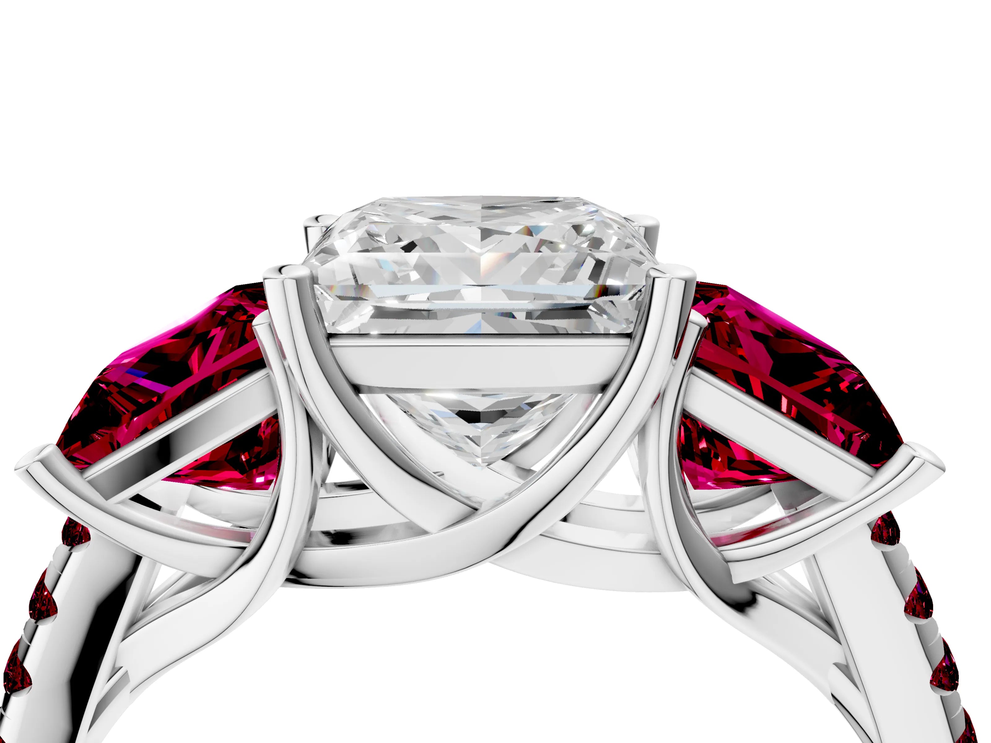 White gold Three-Stone Princess Cut Diamond Ring with Round with Garnet side stone Pavé Band and Prong Setting_4