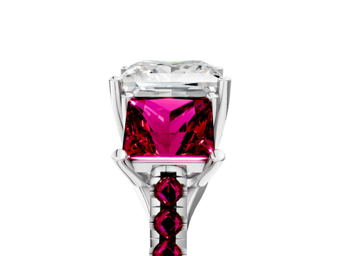 White gold Three-Stone Princess Cut Diamond Ring with Round with Garnet side stone Pavé Band and Prong Setting_5
