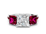 White gold Three-Stone Princess Cut Diamond Ring with Round with Garnet side stone Pavé Band and Prong Setting