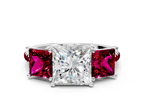 White gold Three-Stone Princess Cut Diamond Ring with Round with Garnet side stone Pavé Band and Prong Setting