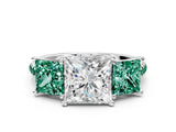 White gold Three-Stone Princess Cut Diamond Ring with Round with Green Sapphire side stone Pavé Band and Prong Setting_12