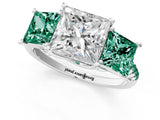 White gold Three-Stone Princess Cut Diamond Ring with Round with Green Sapphire side stone Pavé Band and Prong Setting_13