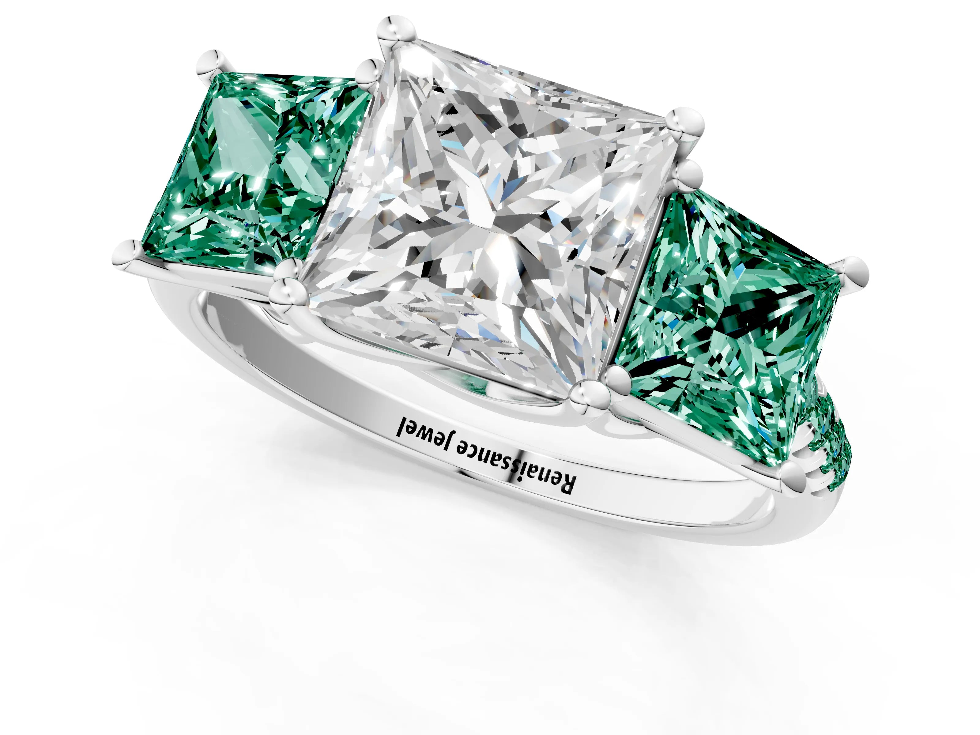 White gold Three-Stone Princess Cut Diamond Ring with Round with Green Sapphire side stone Pavé Band and Prong Setting_1