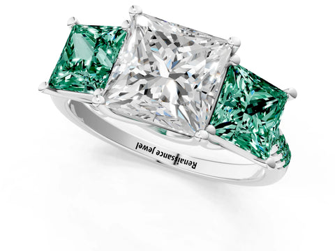 White gold Three-Stone Princess Cut Diamond Ring with Round with Green Sapphire side stone Pavé Band and Prong Setting_1