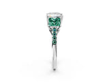 White gold Three-Stone Princess Cut Diamond Ring with Round with Green Sapphire side stone Pavé Band and Prong Setting_2
