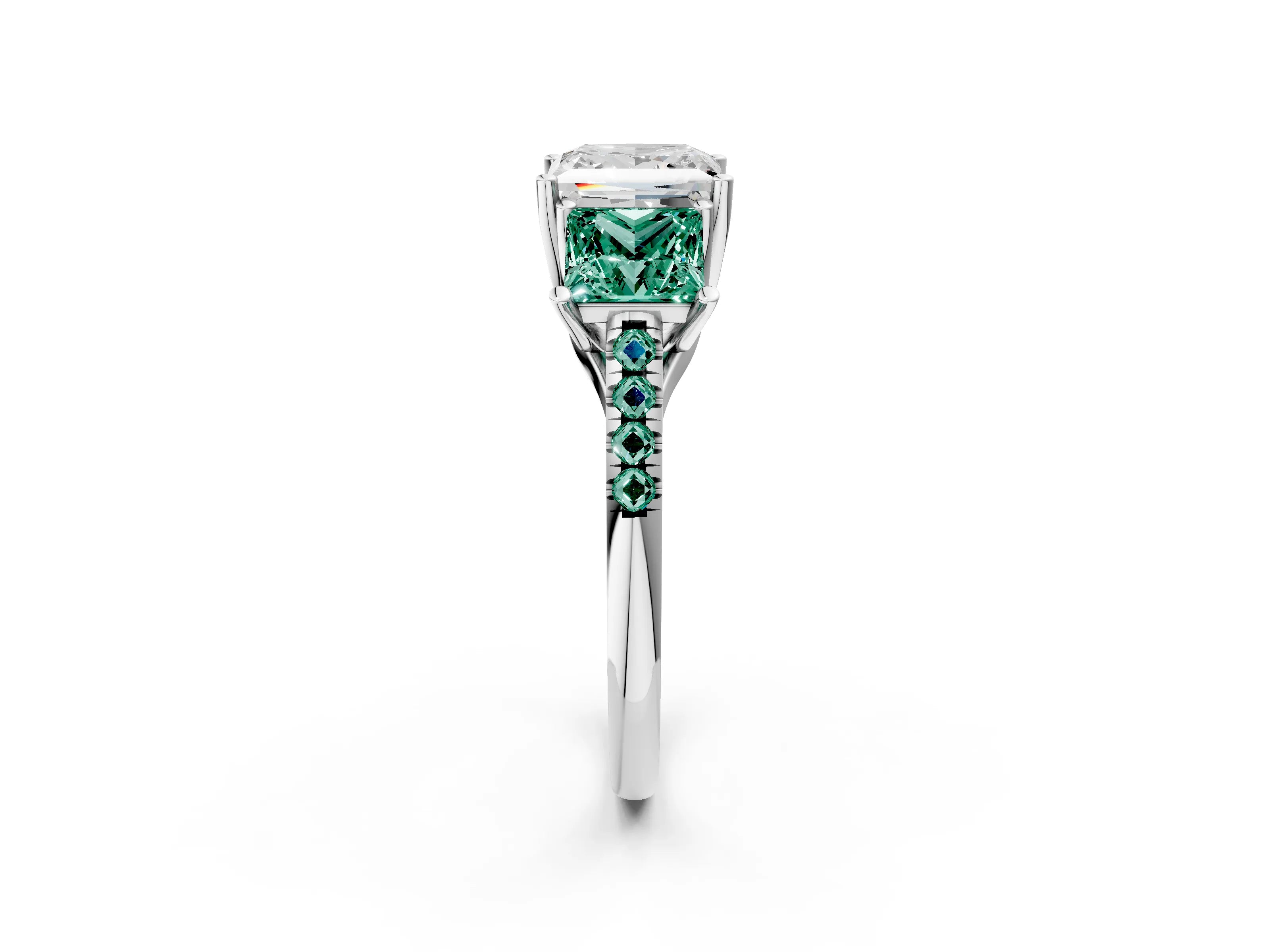 White gold Three-Stone Princess Cut Diamond Ring with Round with Green Sapphire side stone Pavé Band and Prong Setting_2