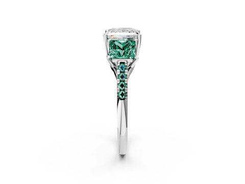 White gold Three-Stone Princess Cut Diamond Ring with Round with Green Sapphire side stone Pavé Band and Prong Setting_2