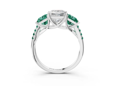 White gold Three-Stone Princess Cut Diamond Ring with Round with Green Sapphire side stone Pavé Band and Prong Setting_3