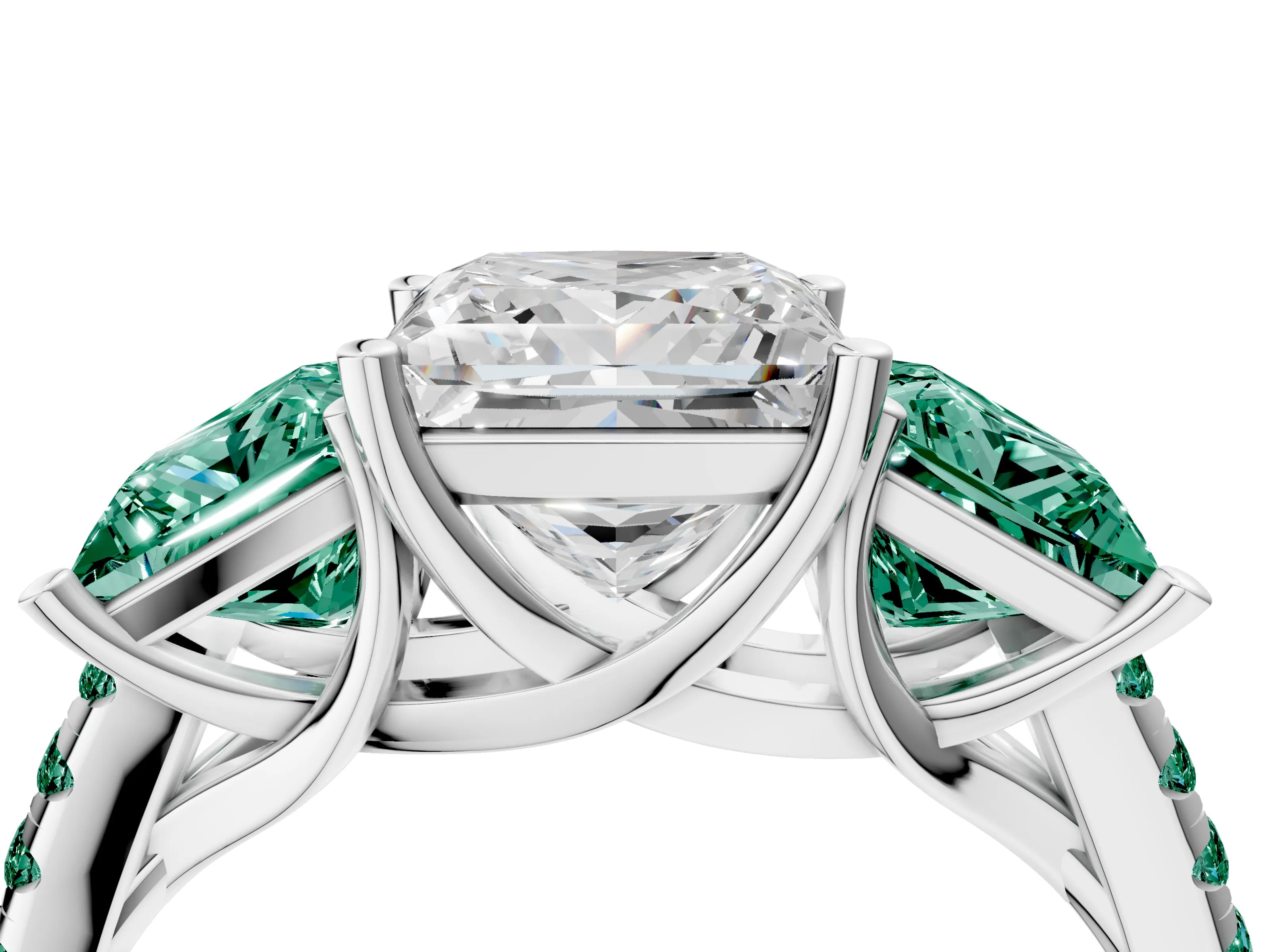 White gold Three-Stone Princess Cut Diamond Ring with Round with Green Sapphire side stone Pavé Band and Prong Setting_4