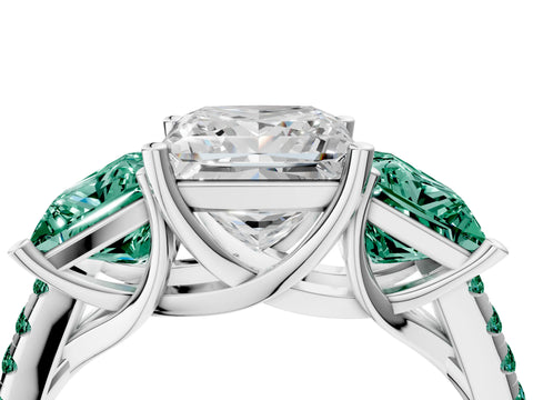 White gold Three-Stone Princess Cut Diamond Ring with Round with Green Sapphire side stone Pavé Band and Prong Setting_4