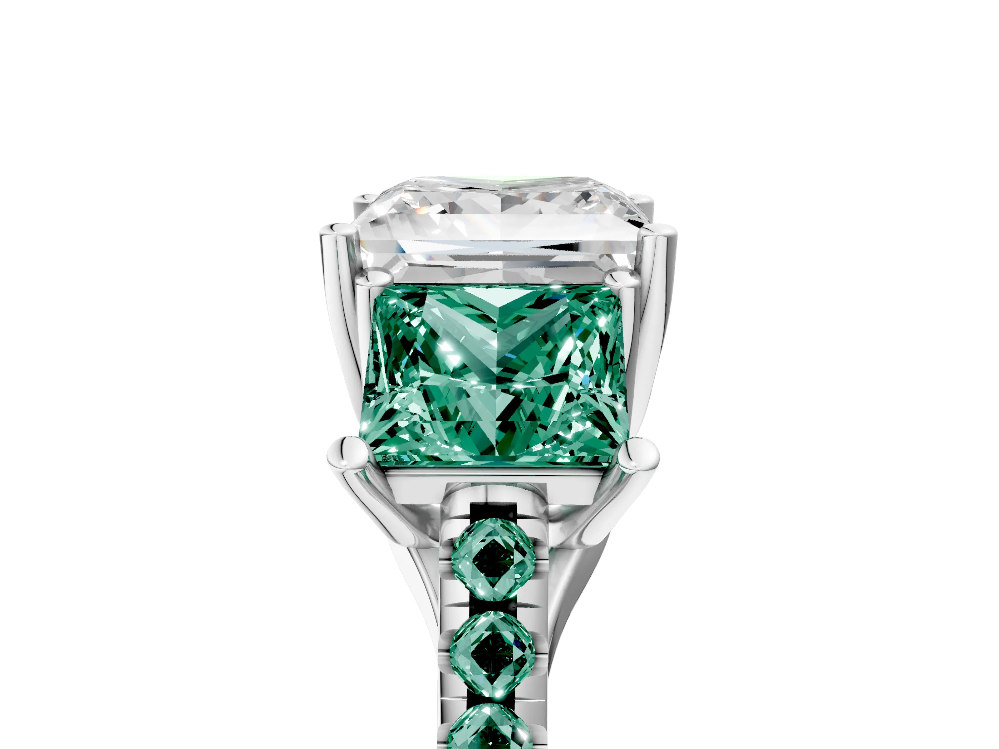White gold Three-Stone Princess Cut Diamond Ring with Round with Green Sapphire side stone Pavé Band and Prong Setting_5