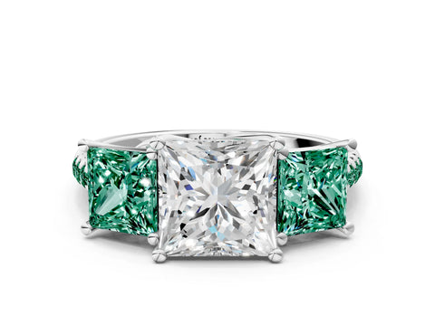White gold Three-Stone Princess Cut Diamond Ring with Round with Green Sapphire side stone Pavé Band and Prong Setting
