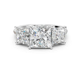 White gold Three-Stone Princess Cut Diamond Ring with Round with Moissanite side stone Pavé Band and Prong Setting_12