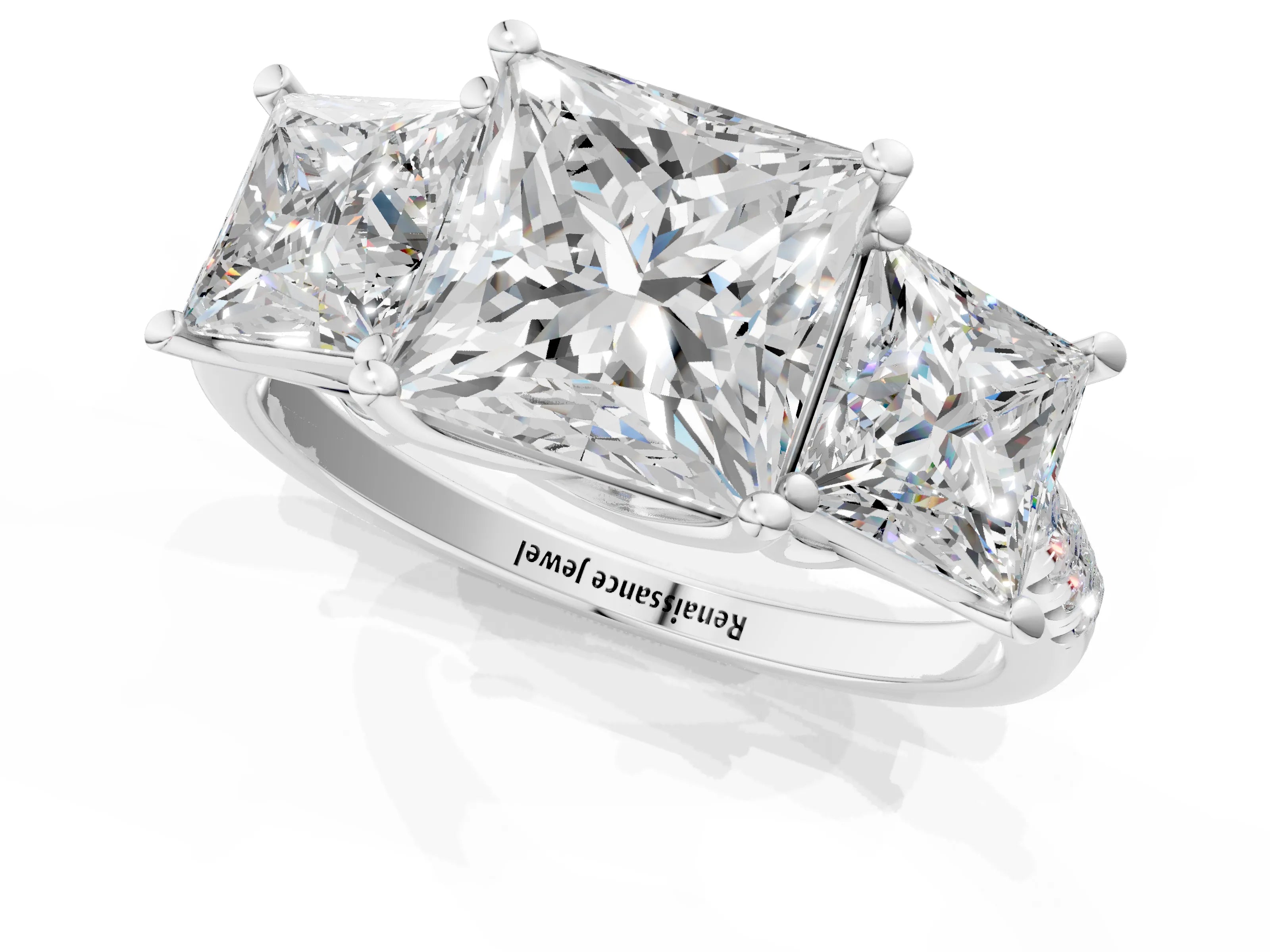 White gold Three-Stone Princess Cut Diamond Ring with Round with Moissanite side stone Pavé Band and Prong Setting_1