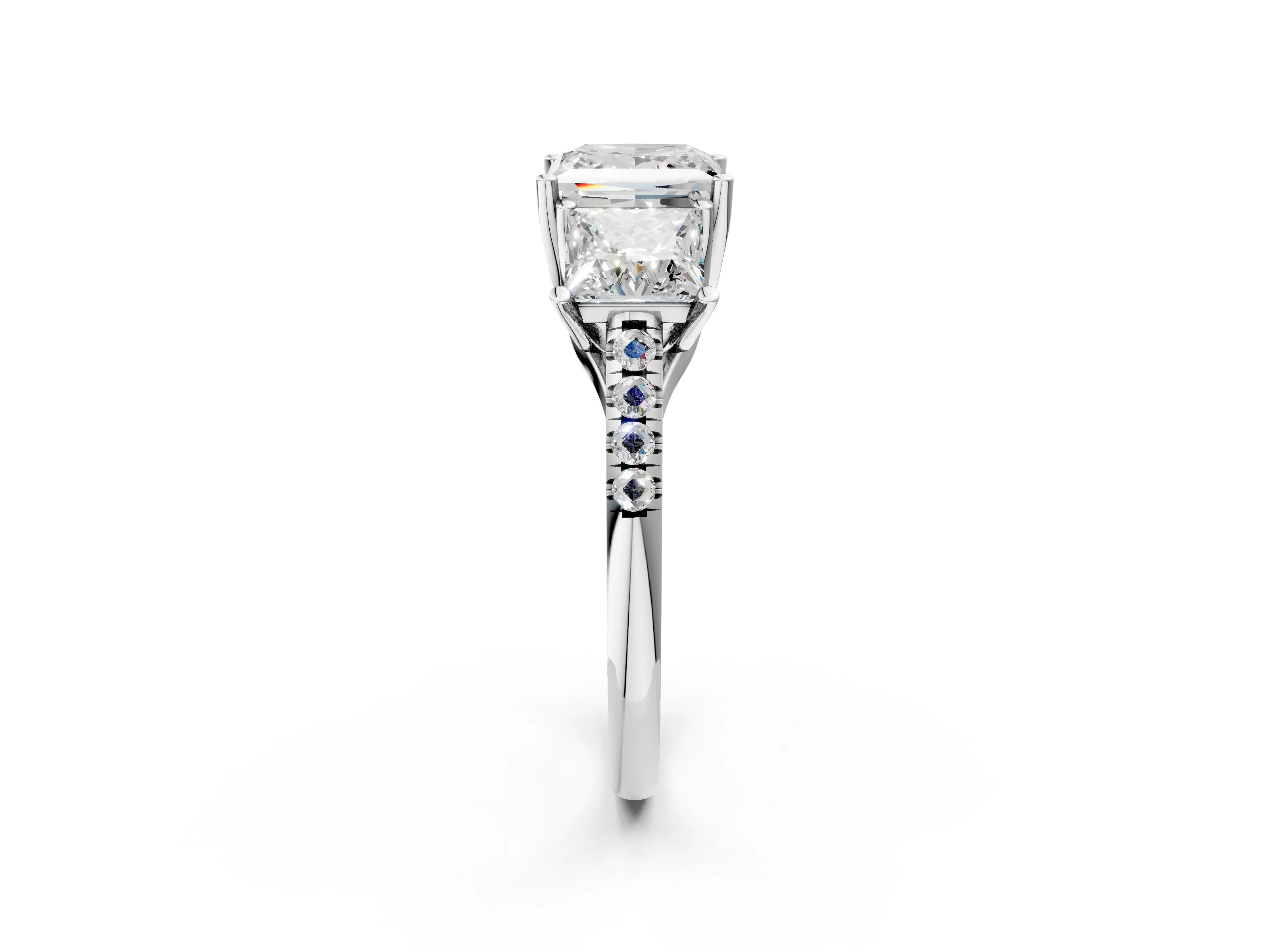White gold Three-Stone Princess Cut Diamond Ring with Round with Moissanite side stone Pavé Band and Prong Setting_2