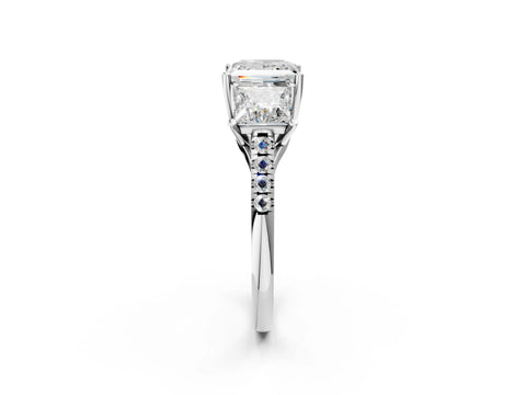 White gold Three-Stone Princess Cut Diamond Ring with Round with Moissanite side stone Pavé Band and Prong Setting_2