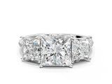 White gold Three-Stone Princess Cut Diamond Ring with Round with Moissanite side stone Pavé Band and Prong Setting