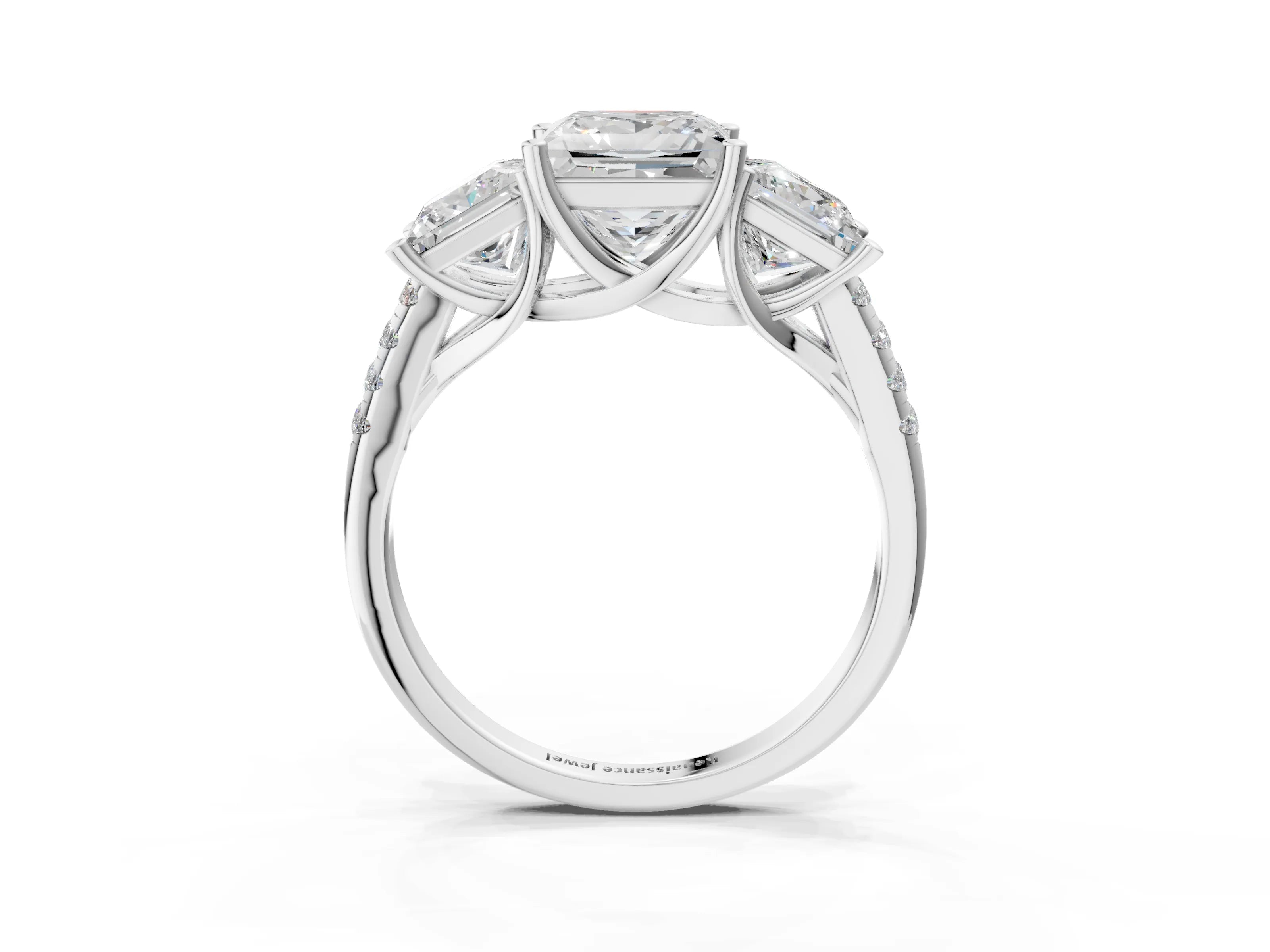 White gold Three-Stone Princess Cut Diamond Ring with Round with Moissanite side stone Pavé Band and Prong Setting_3