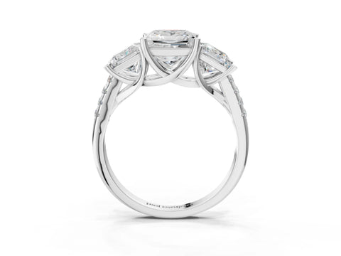 White gold Three-Stone Princess Cut Diamond Ring with Round with Moissanite side stone Pavé Band and Prong Setting_3