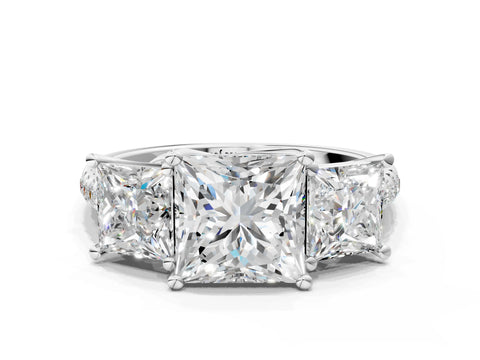 White gold Three-Stone Princess Cut Diamond Ring with Round with Moissanite side stone Pavé Band and Prong Setting