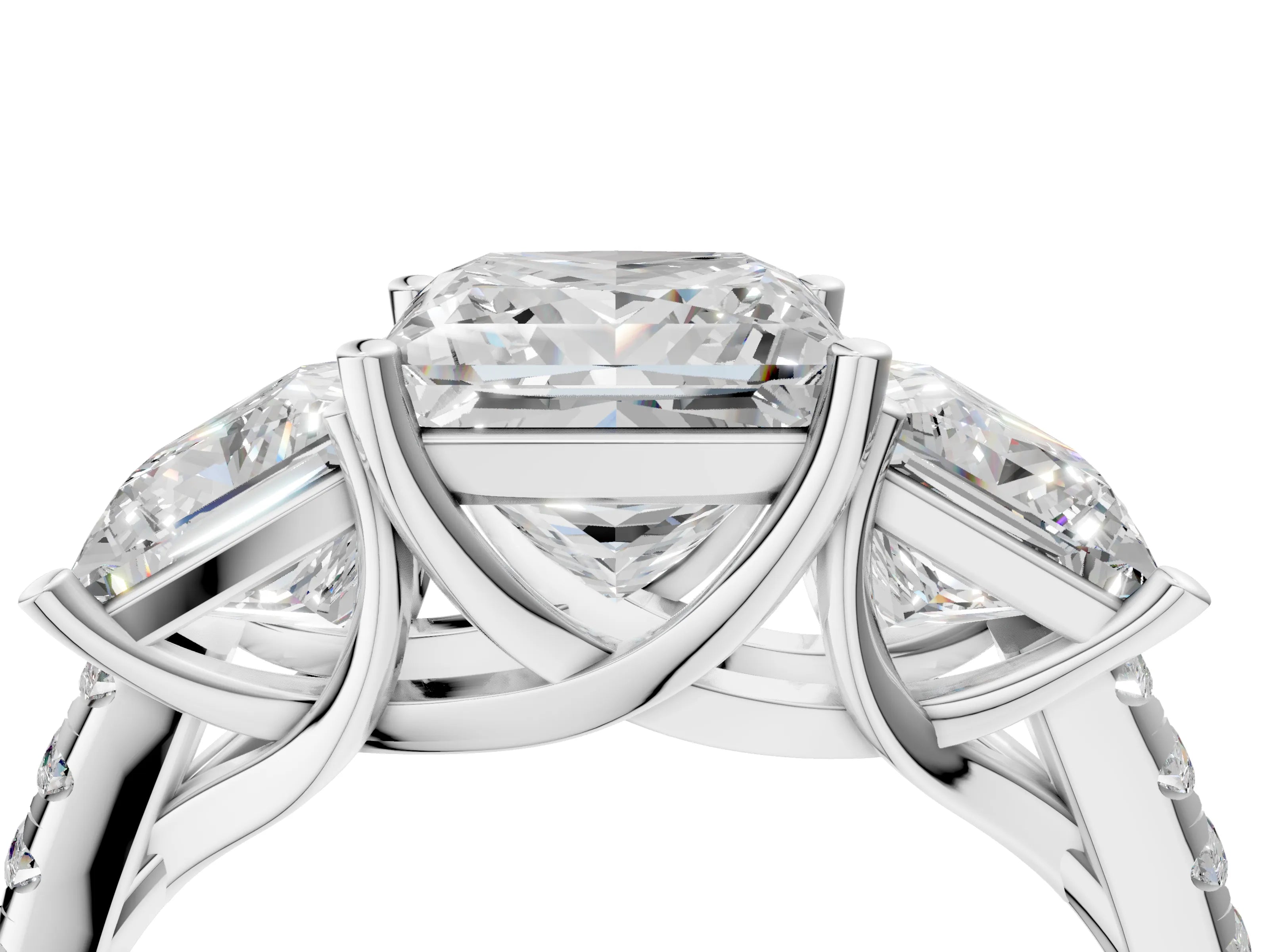 White gold Three-Stone Princess Cut Diamond Ring with Round with Moissanite side stone Pavé Band and Prong Setting_4