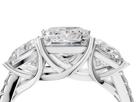 White gold Three-Stone Princess Cut Diamond Ring with Round with Moissanite side stone Pavé Band and Prong Setting_4