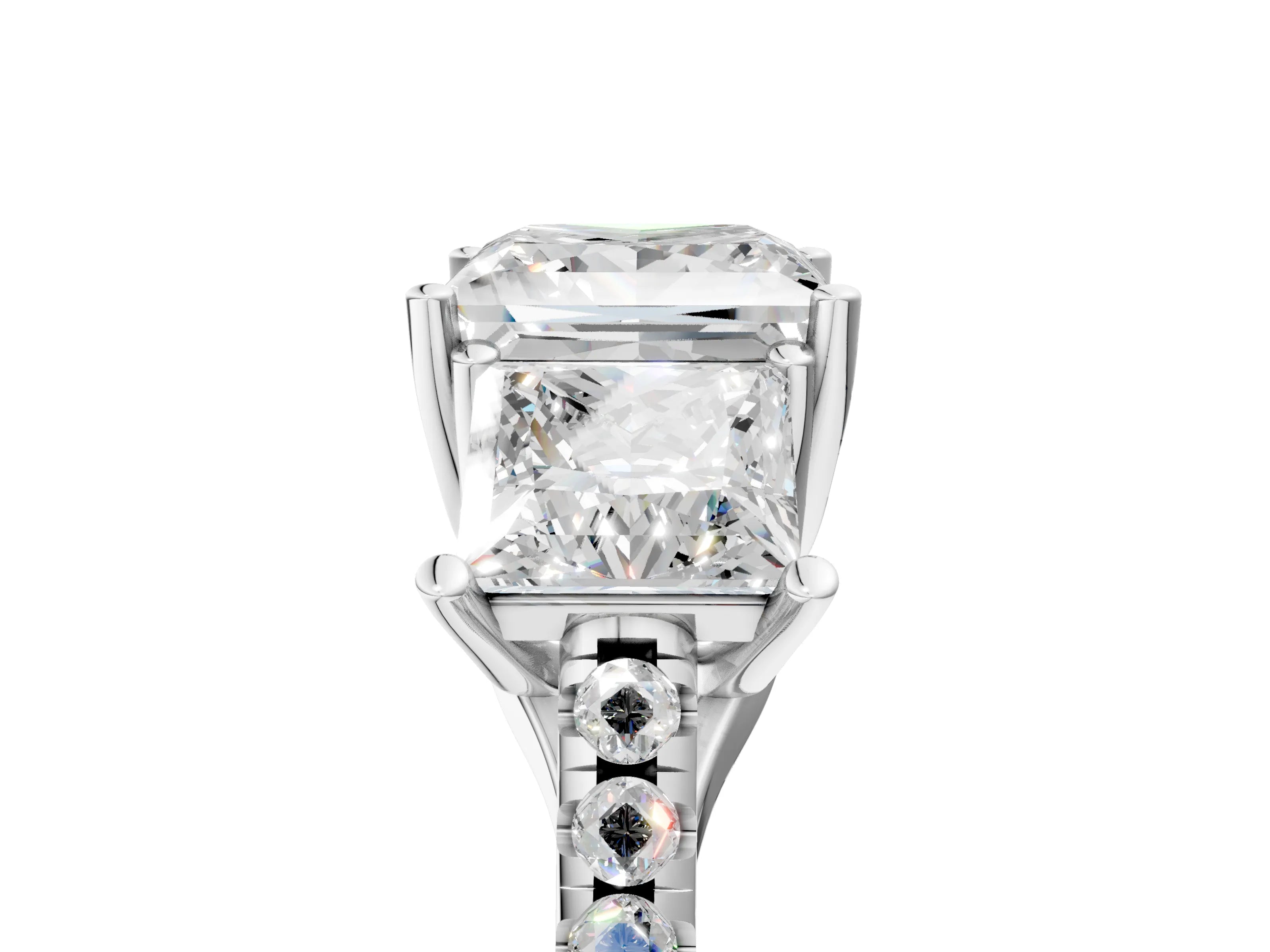 White gold Three-Stone Princess Cut Diamond Ring with Round with Moissanite side stone Pavé Band and Prong Setting_5