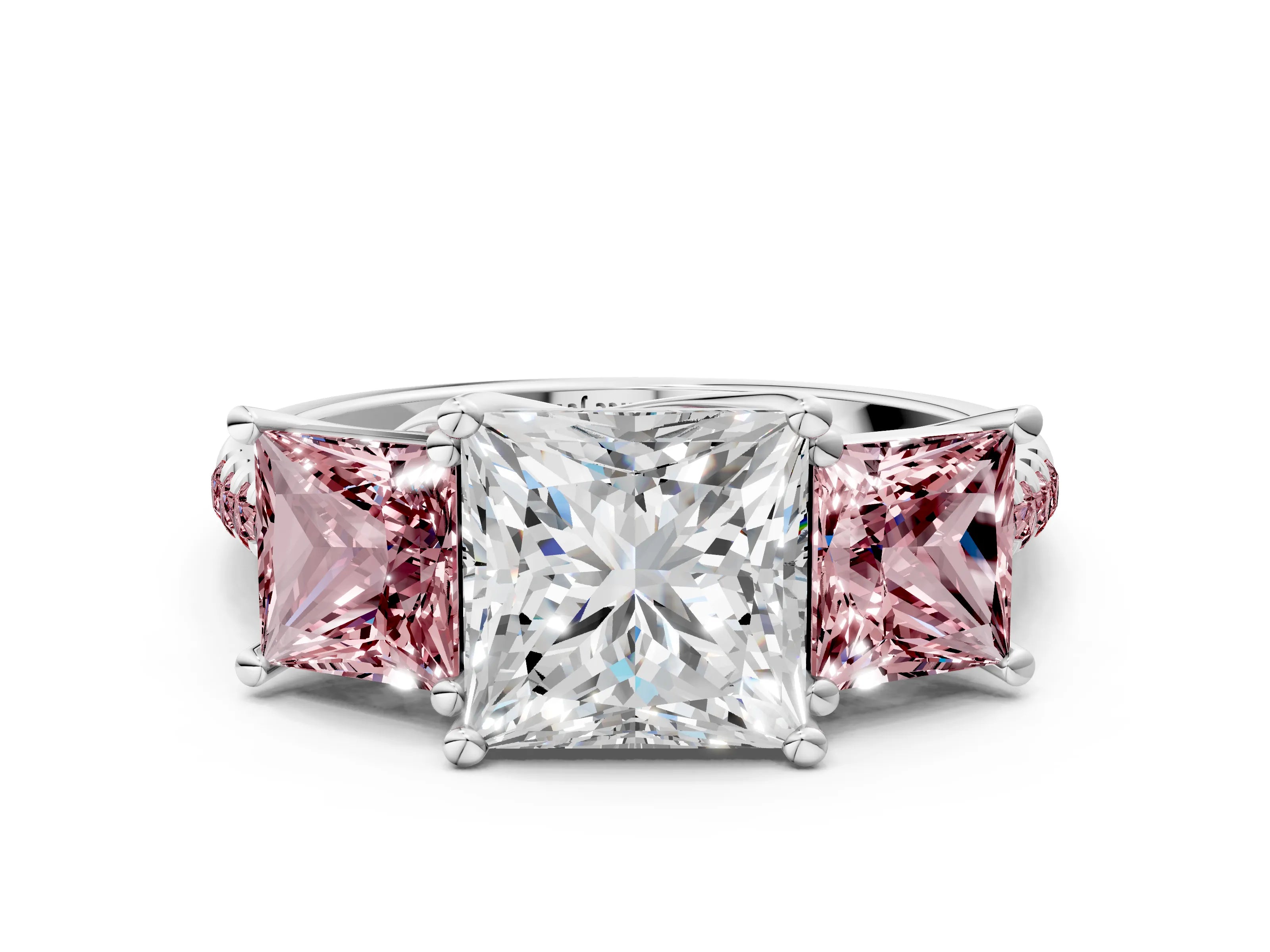 White gold Three-Stone Princess Cut Diamond Ring with Round with Morganite side stone Pavé Band and Prong Setting