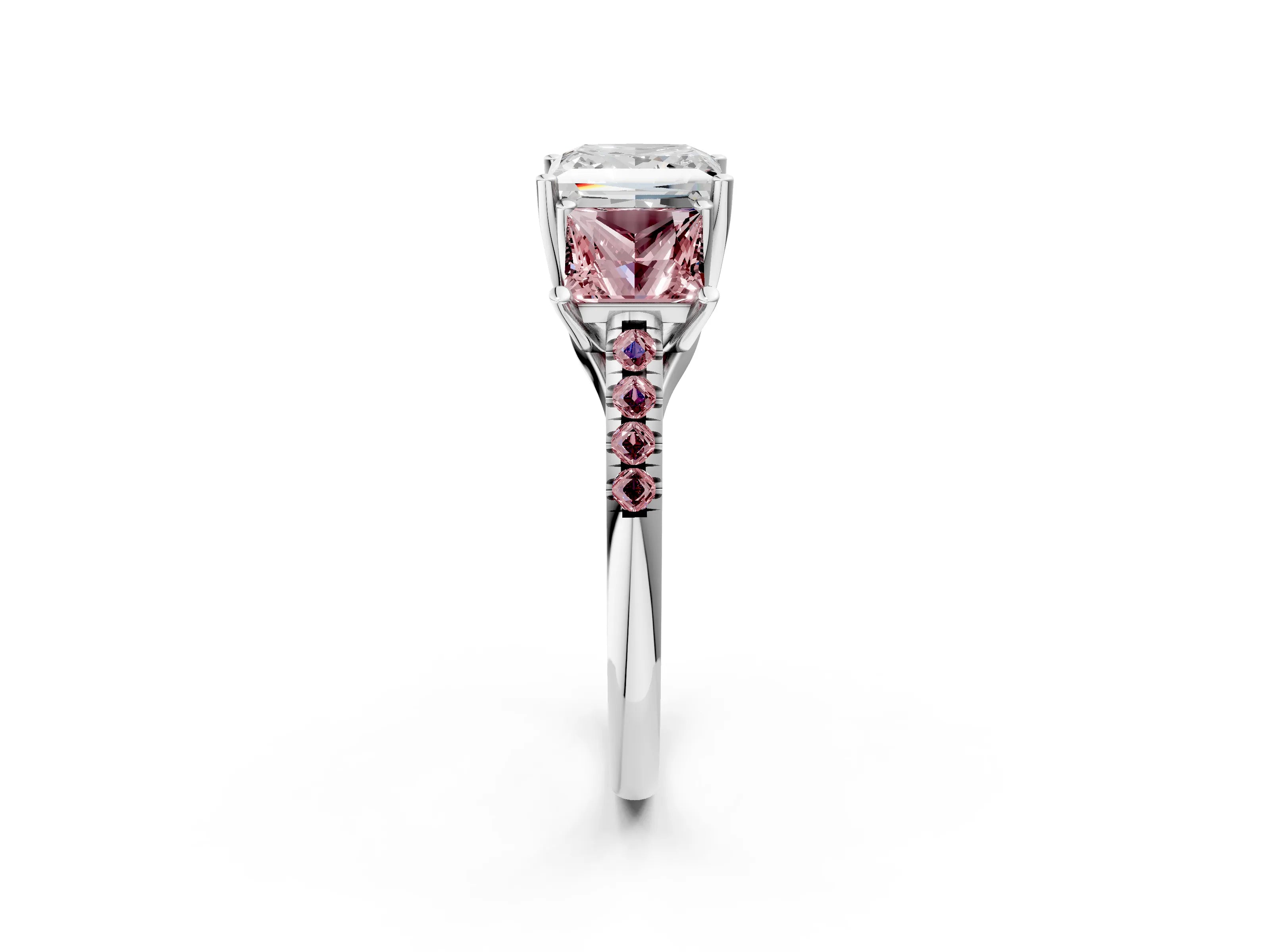 White gold Three-Stone Princess Cut Diamond Ring with Round with Morganite side stone Pavé Band and Prong Setting_2