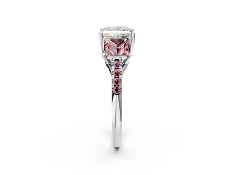 White gold Three-Stone Princess Cut Diamond Ring with Round with Morganite side stone Pavé Band and Prong Setting_2