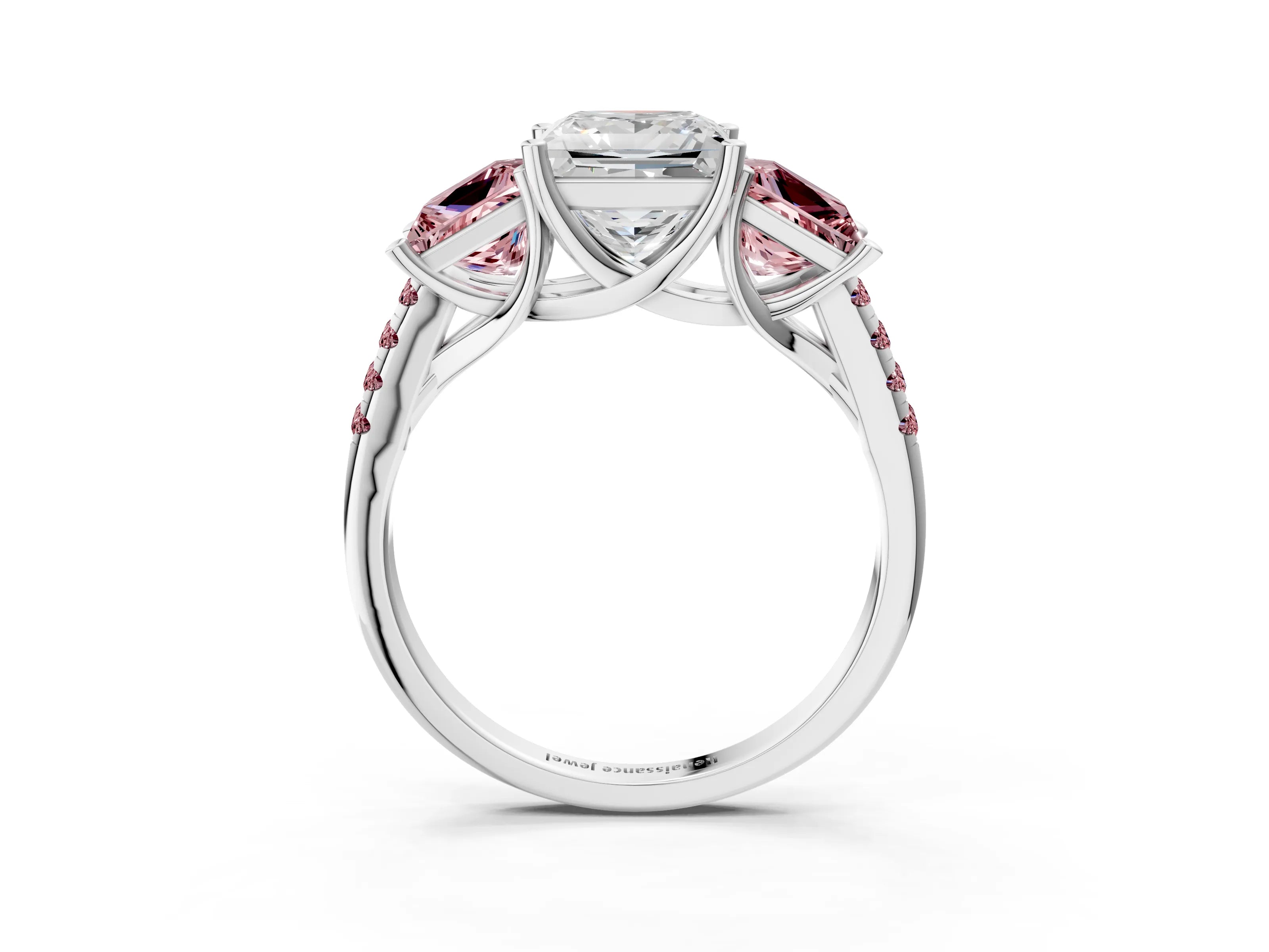White gold Three-Stone Princess Cut Diamond Ring with Round with Morganite side stone Pavé Band and Prong Setting_3