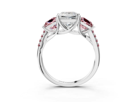 White gold Three-Stone Princess Cut Diamond Ring with Round with Morganite side stone Pavé Band and Prong Setting_3