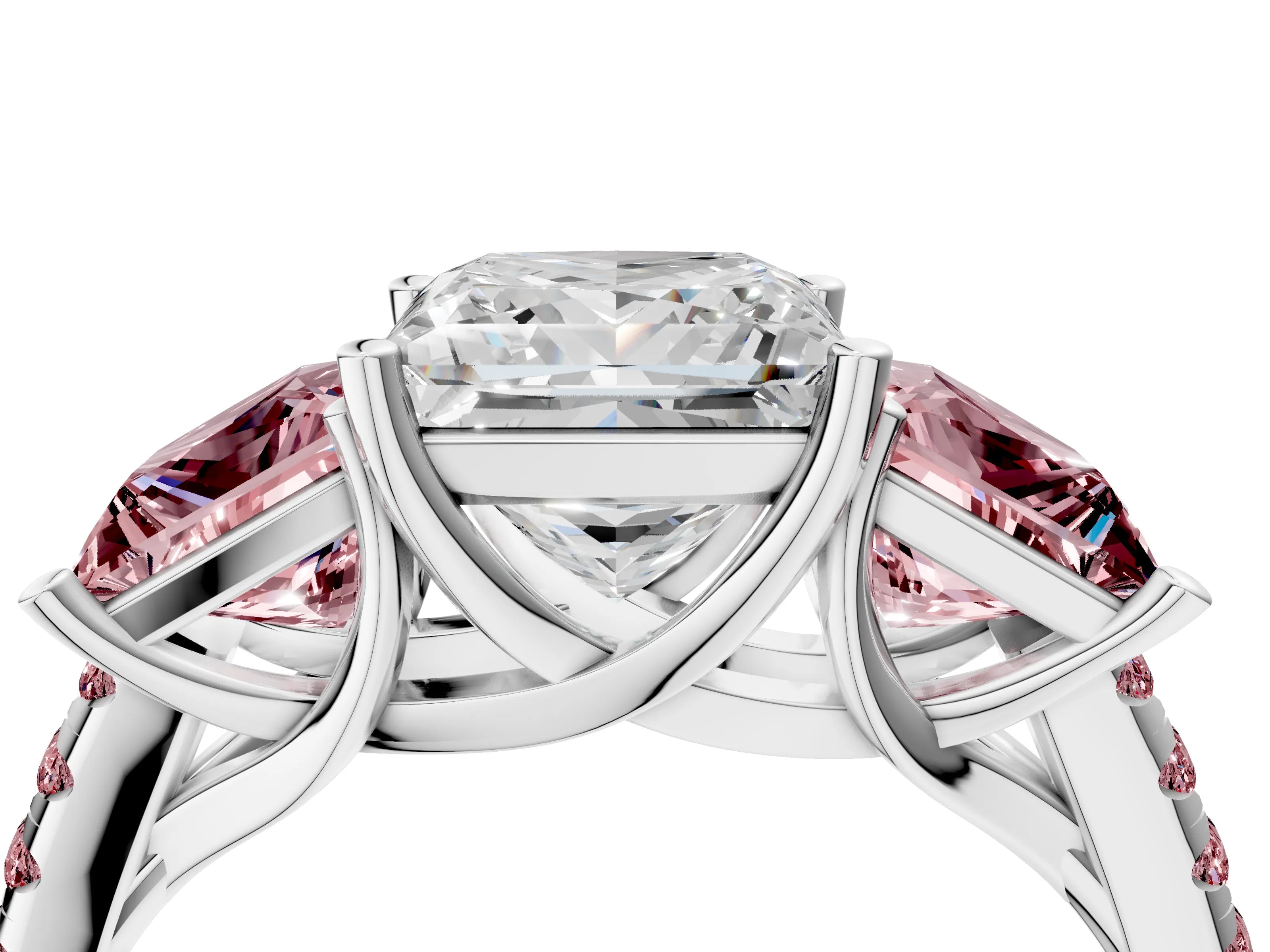 White gold Three-Stone Princess Cut Diamond Ring with Round with Morganite side stone Pavé Band and Prong Setting_4
